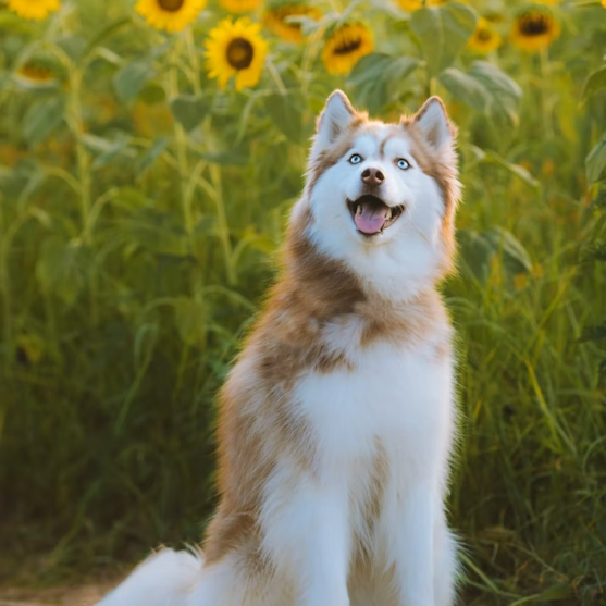 fluffy Pomsky dog in a field of sunflowers fluffy Pomsky dog